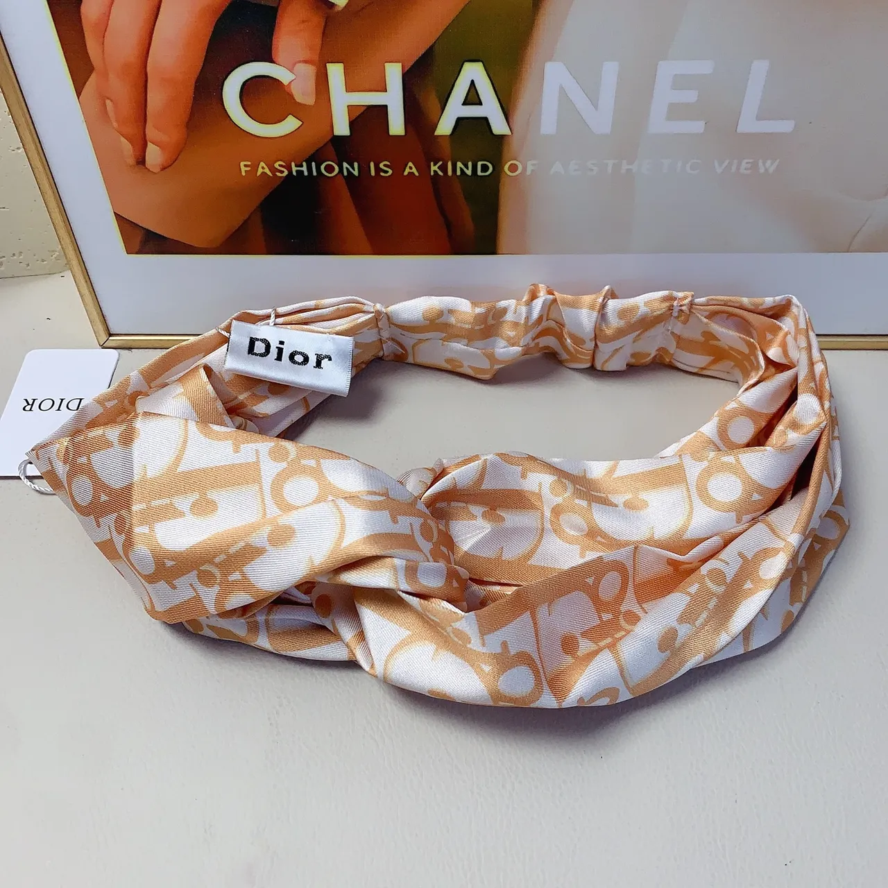 Dior White Black Twisted Knot Front Elasticated Band Silk Scarf