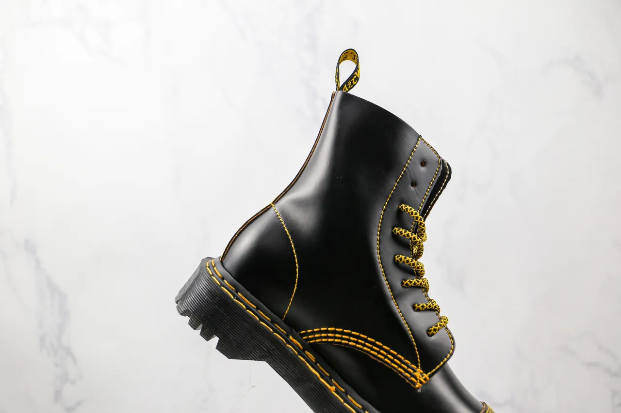 Dr. Martens Black Yellow Leather Contrast Stitching Martin Boots