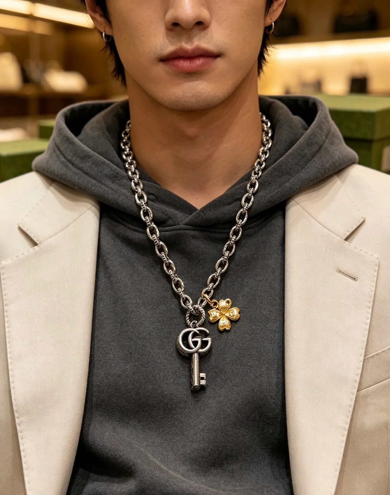 Gucci Silver Gold Oxidized Chain Engraved GG Key Pendant Necklace