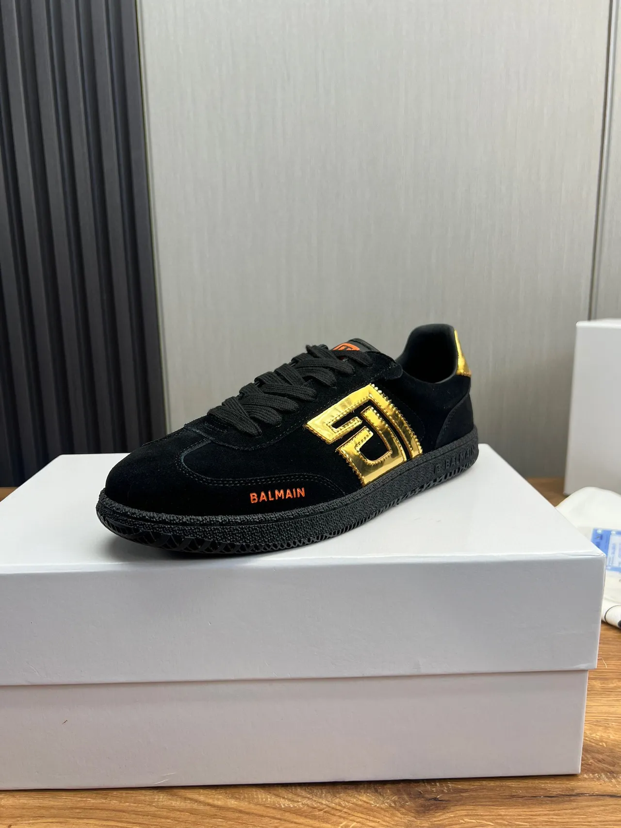 Balmain Black Gold Suede Upper Monogram Logo Lifestyle Sneakers