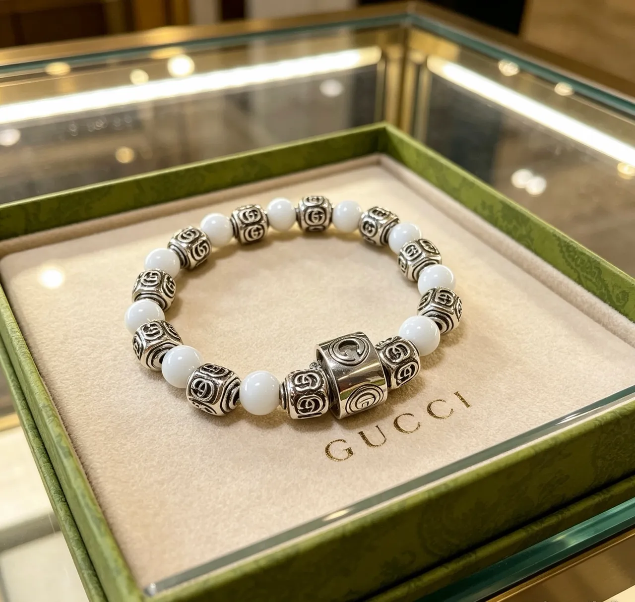 Gucci GG Marmont White Silver Beaded Interlocking G Motif Bracelet