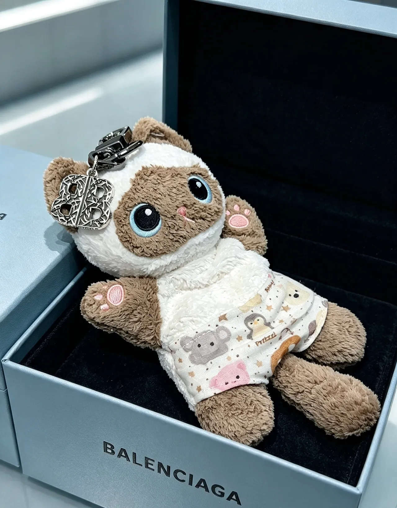 Balenciaga Brown Beige Plush Cat-Shaped Wearing Printed Fabric Onesie Handbag