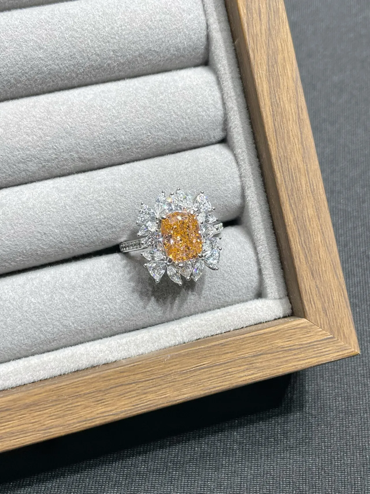 Orange Silver Floral Halo Setting Cushion-Cut Center Ring