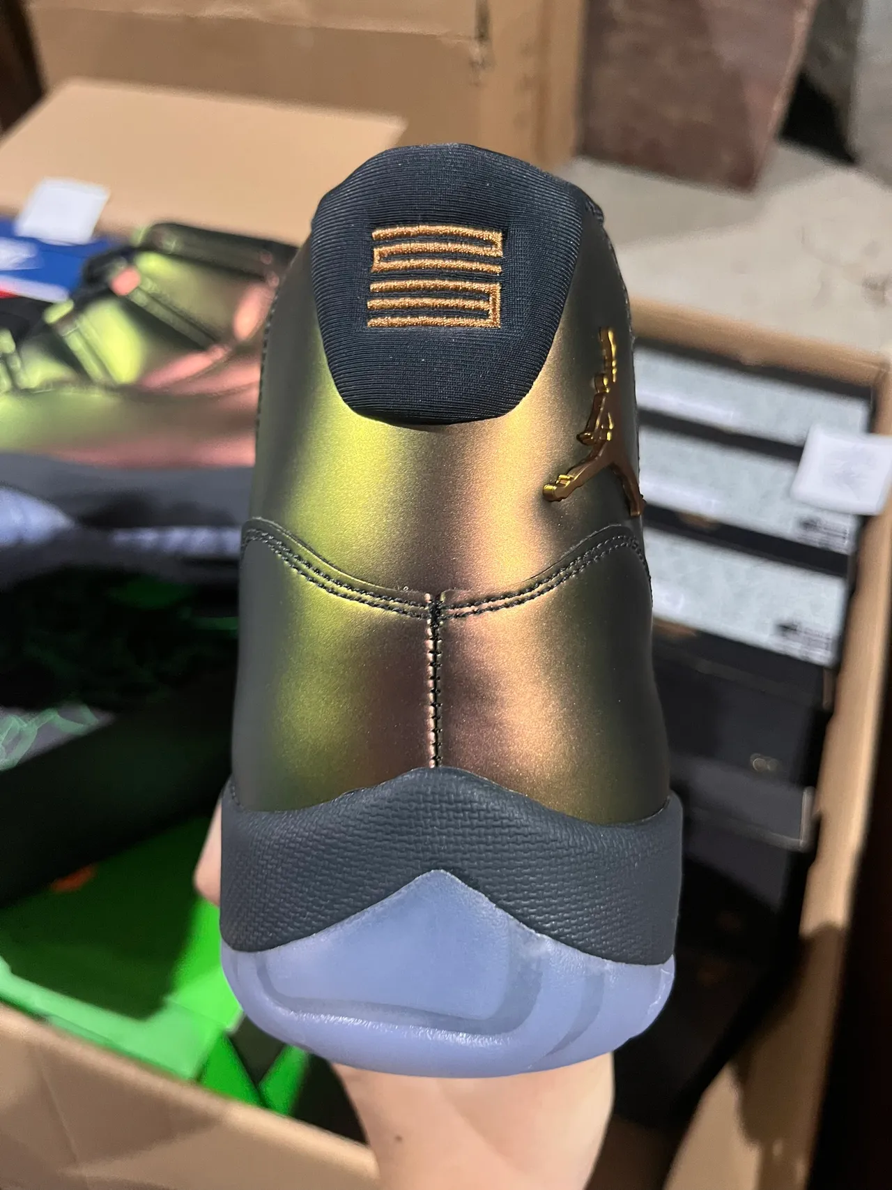 Air Jordan 11 Metallic Green-Gold High-Top Basketball Shoes
