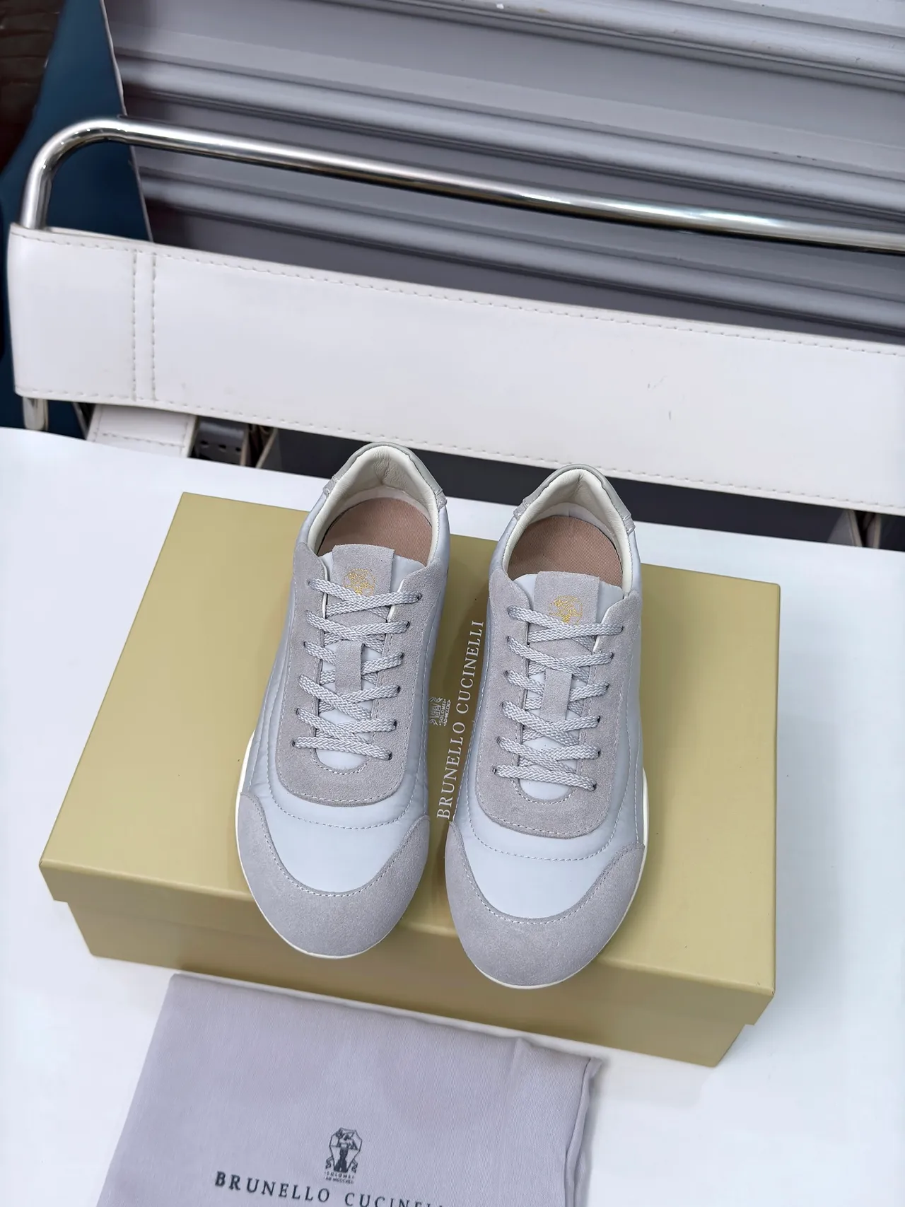 Brunello Cucinelli Gray Suede and Leather Low-Top Sneaker