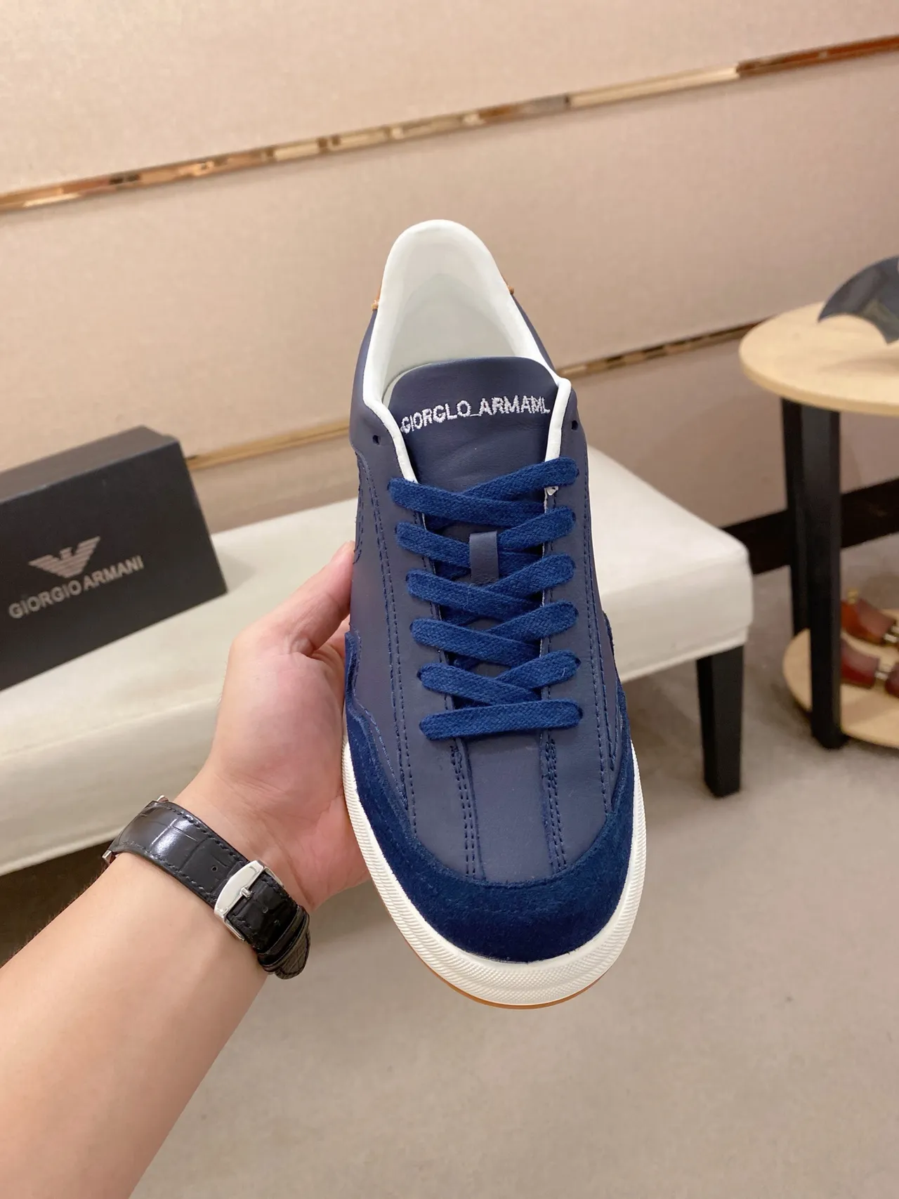 Emporio Armani Navy Blue Leather-Suede Eagle Logo Lifestyle Sneaker