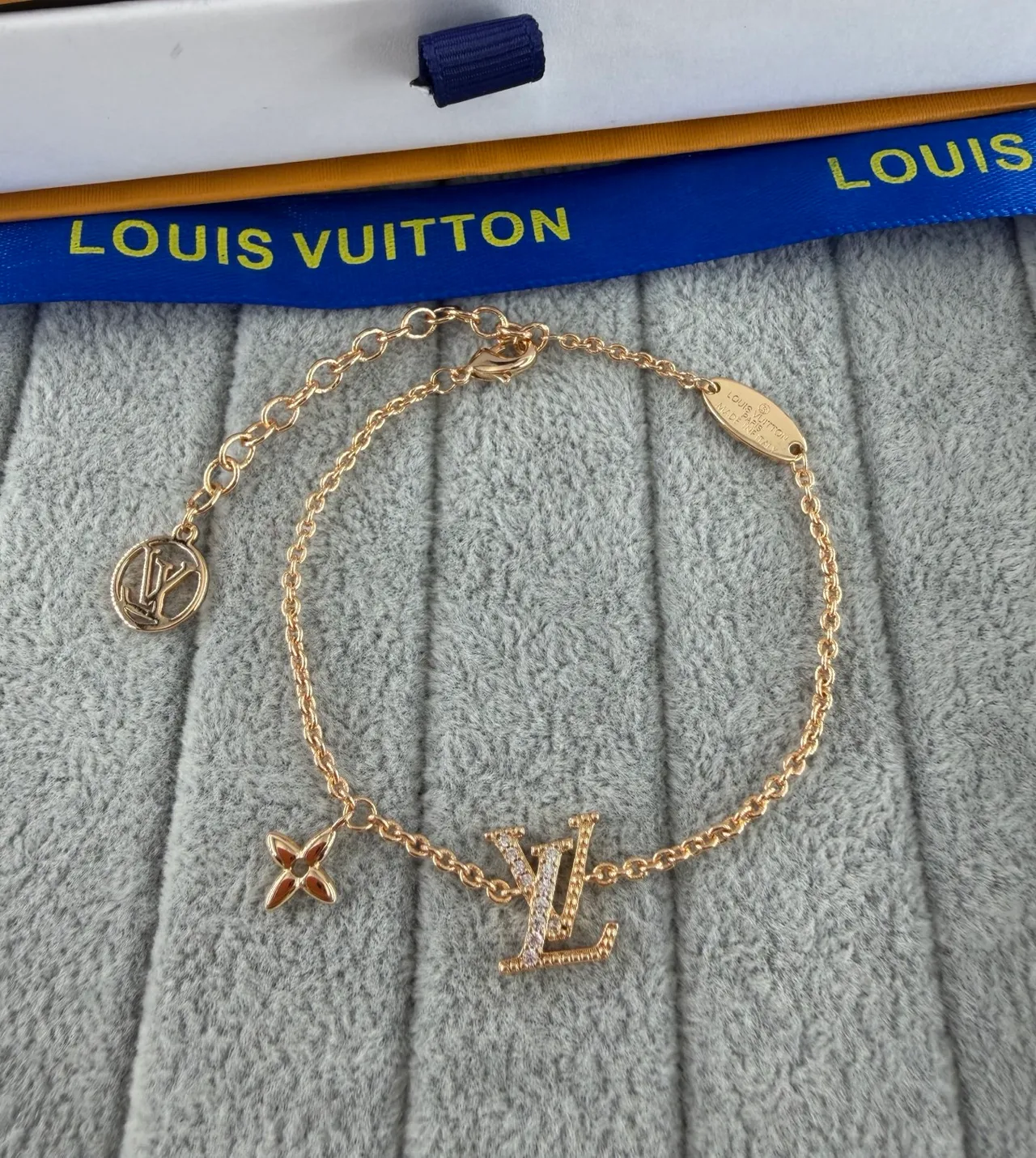 Louis Vuitton Iconic Monogram Gold Silver Chain Pavé-Crystal LV Logo Bracelet