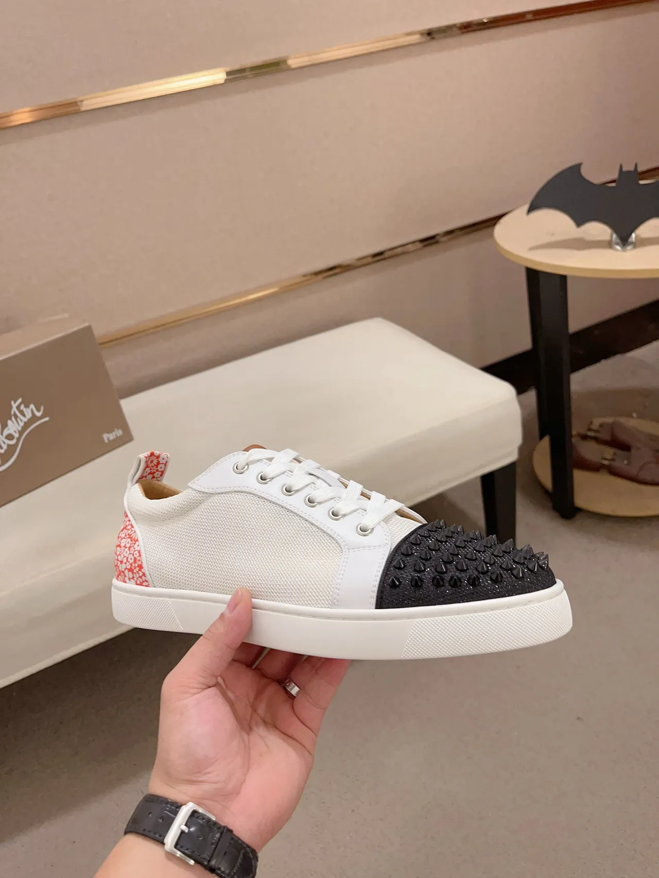 Christian Louboutin White Black Studded Toe Cap Mesh And Leather Paneling Lifestyle Sneakers