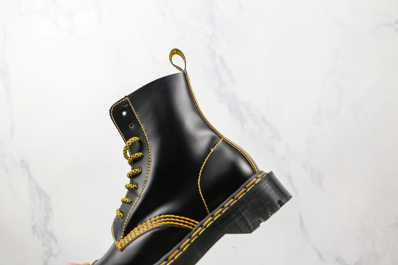 Dr. Martens Black Yellow Leather Contrast Stitching Martin Boots