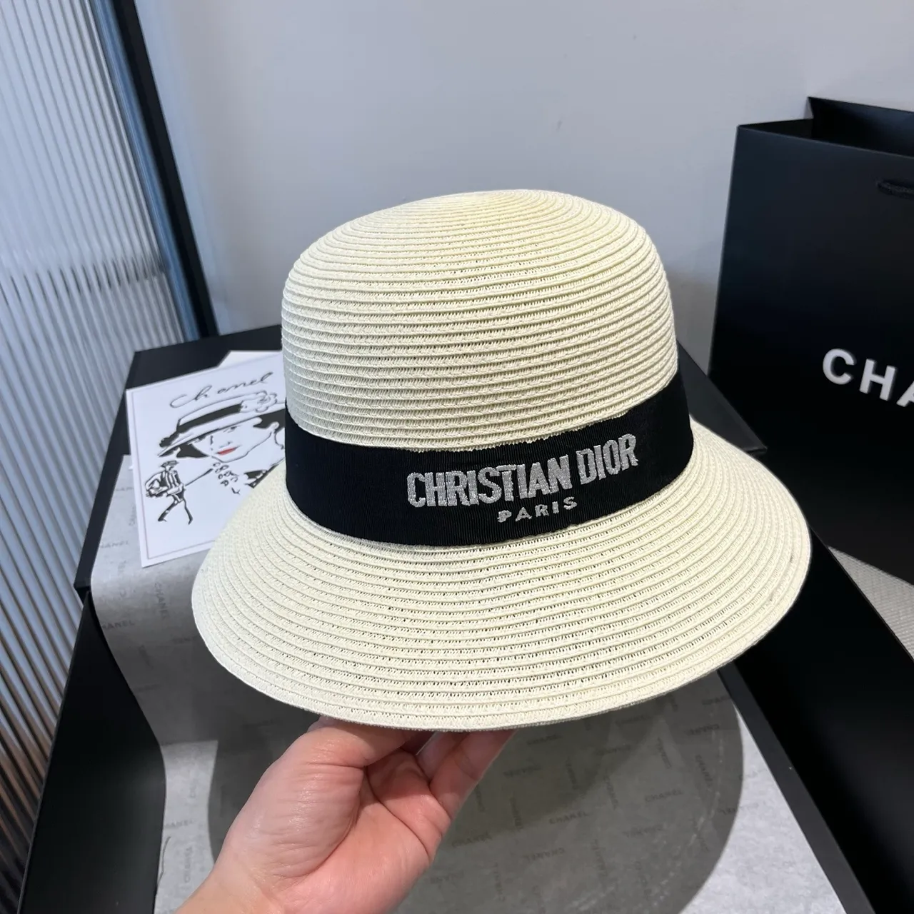 Dior Beige Black Woven Straw-Like Texture Structured Ribbed Crown Fedora