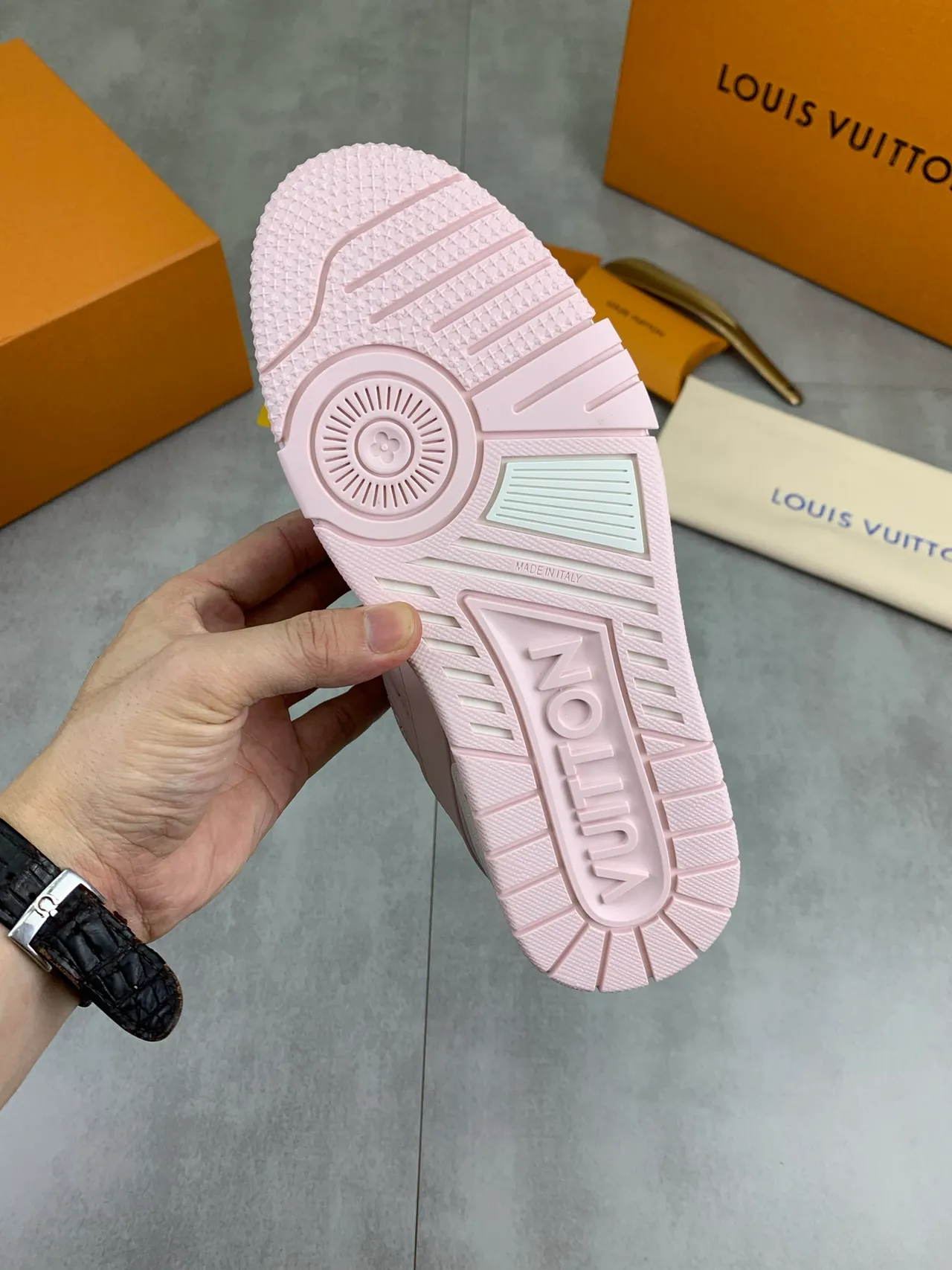Louis Vuitton LV Trainer Pink White Monogrammed Leather Layered Heel Cage Lifestyle Sneakers