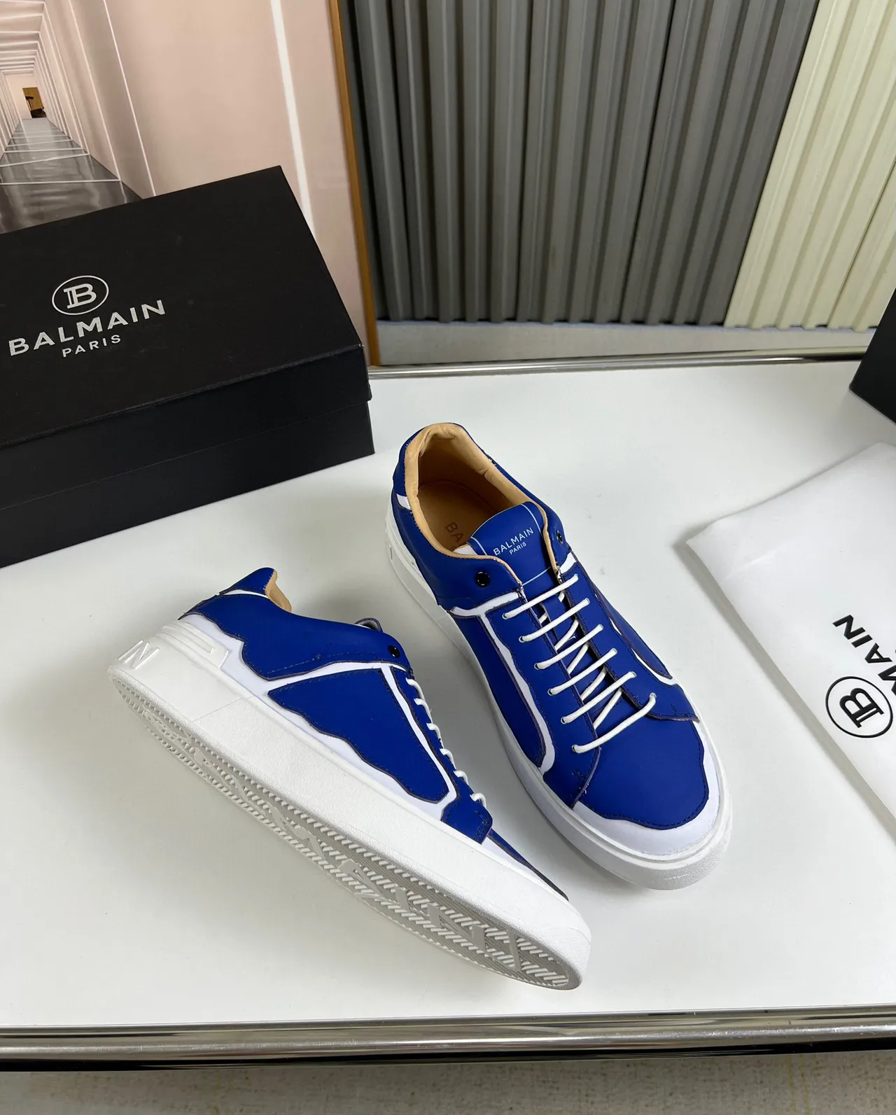 Balmain Blue White Low-Top Leather-Panelled Lifestyle Sneakers