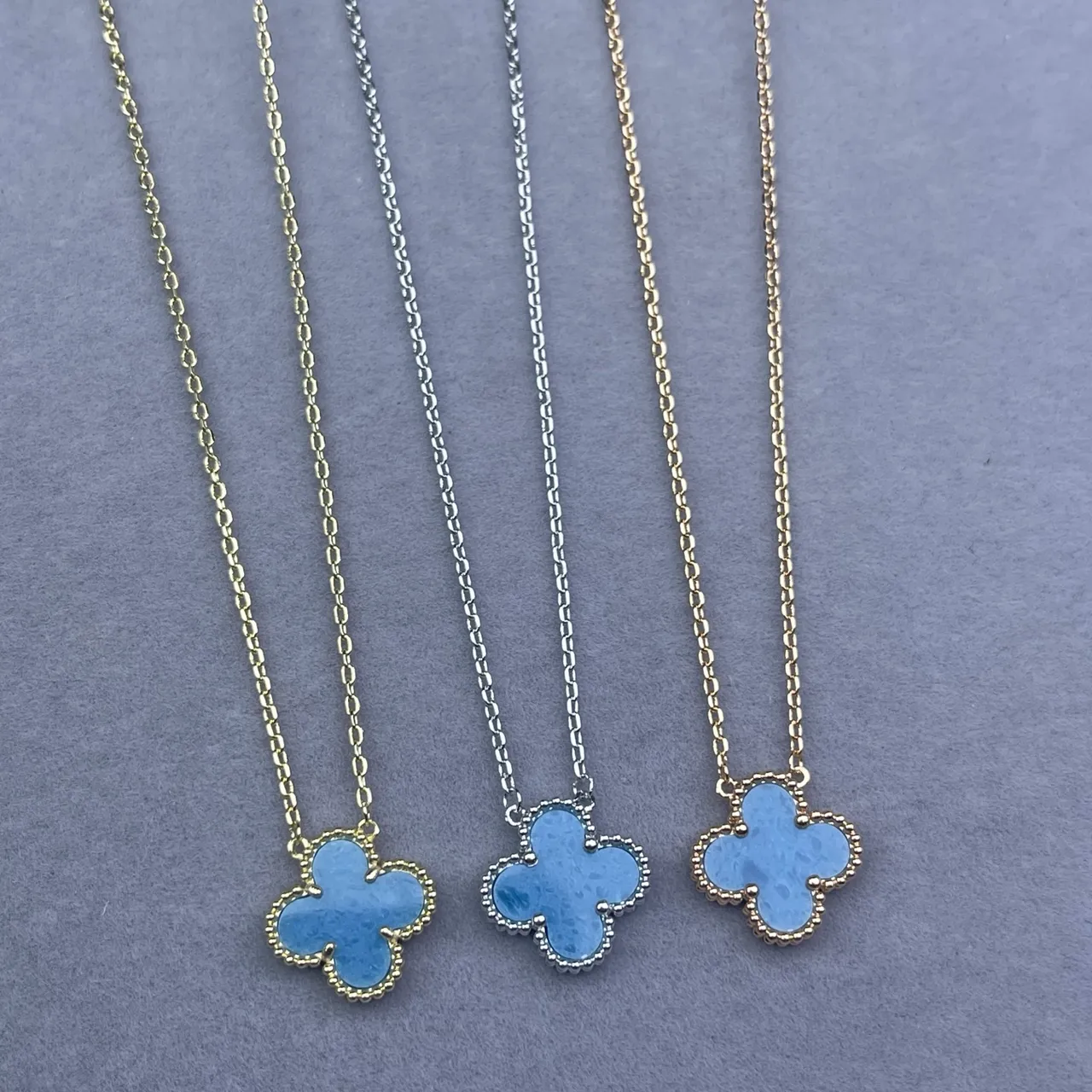 Blue Gold Four-Leaf Clover Pendant Enamel-Filled Necklace