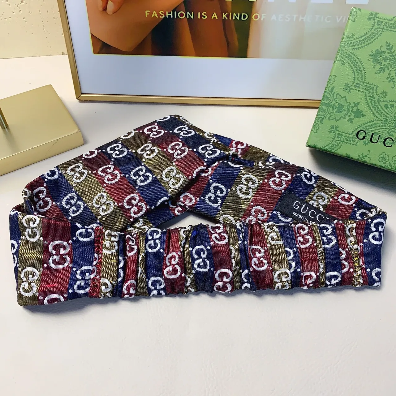 Gucci Multicolor Navy Interlocking GG Monogram Elastic Gathered Center Silk Scarf