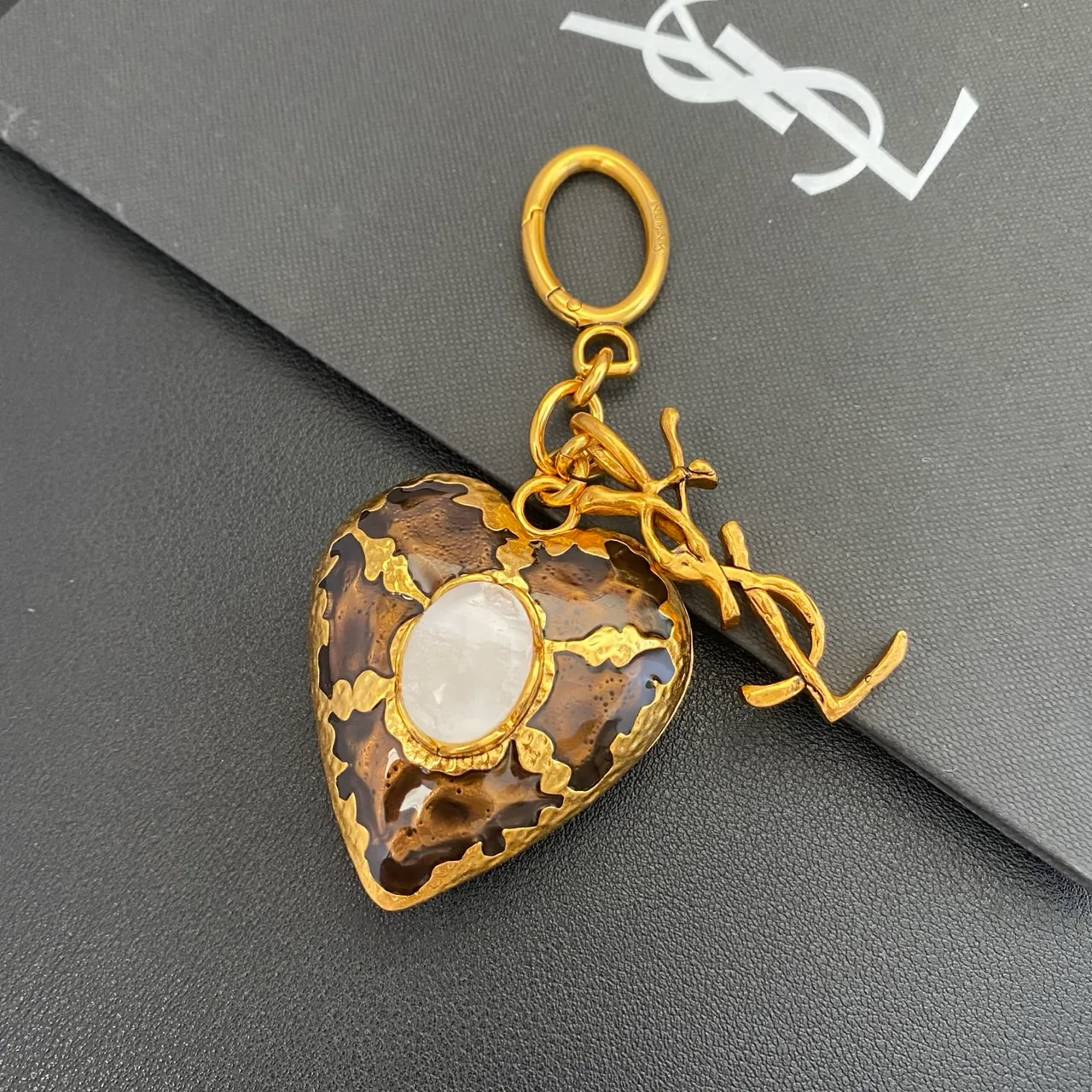 Saint Laurent Monogram Heart Charm Gold Brown Metal Brooch