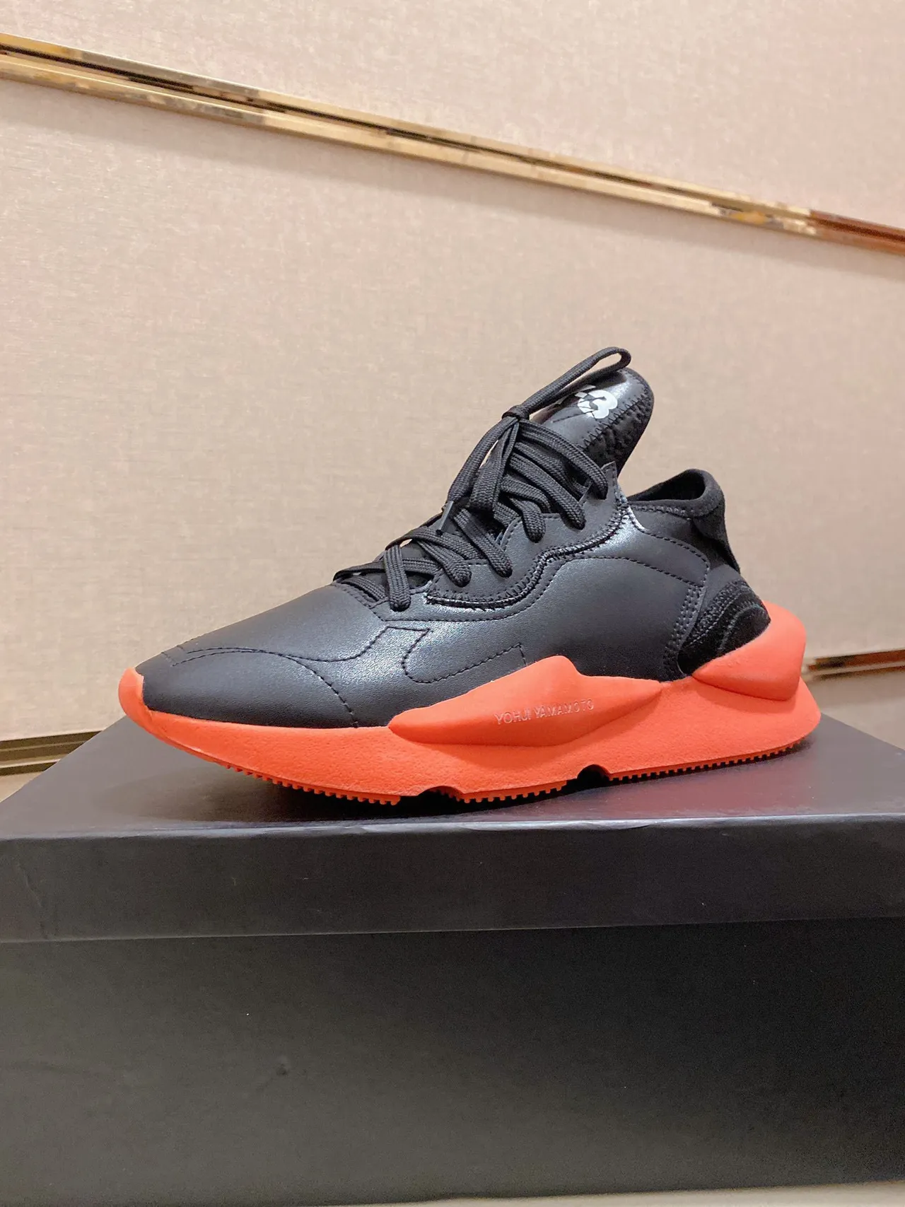 Yohji Yamamoto Black Orange Sculpted Midsole Matte Leather Upper Chunky Sneakers