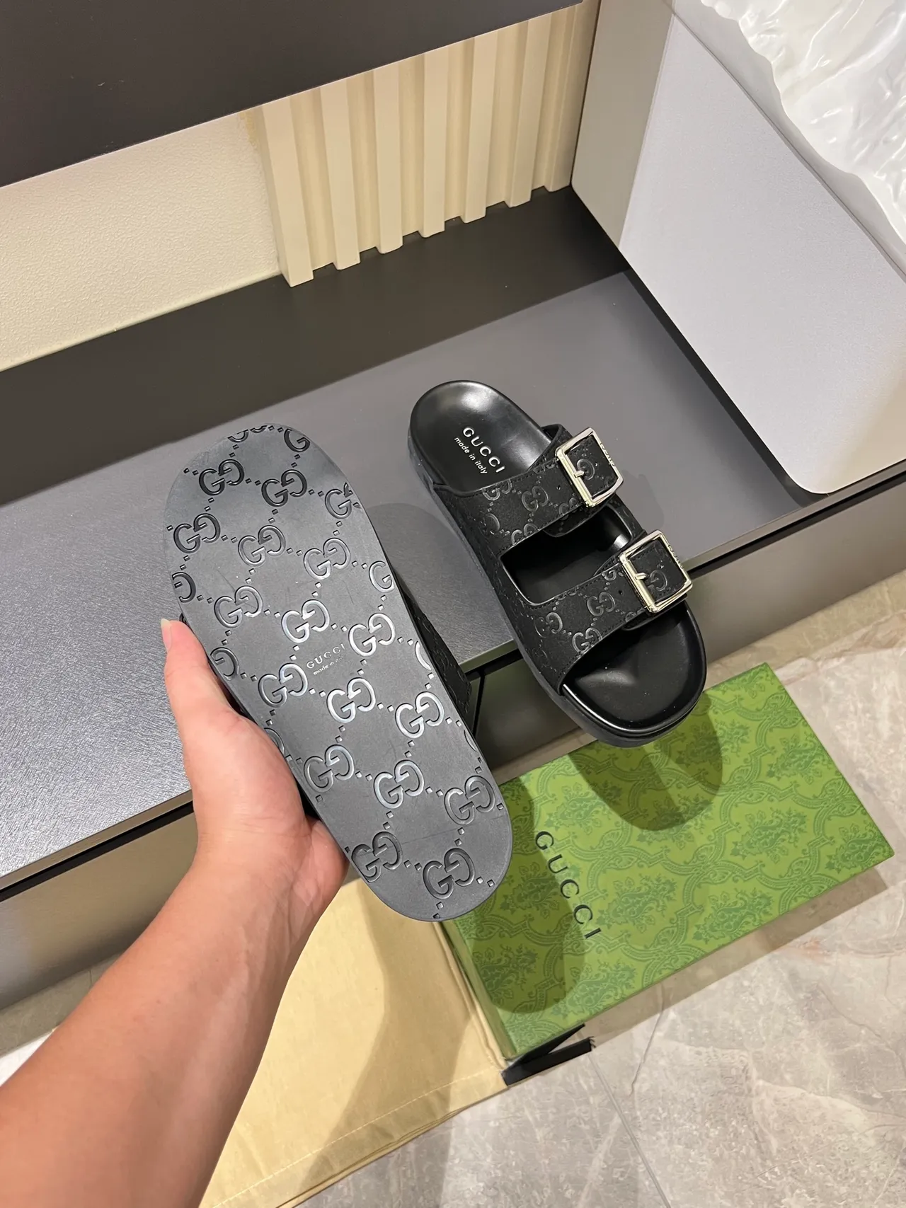 Gucci Screener Embossed GG Buckle Slide Casual Sandals