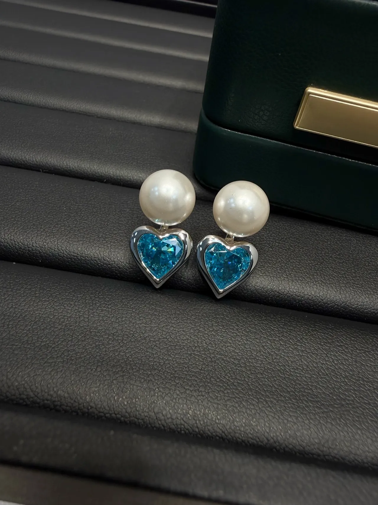 Pearl and Blue Heart Gemstone Stud Earrings