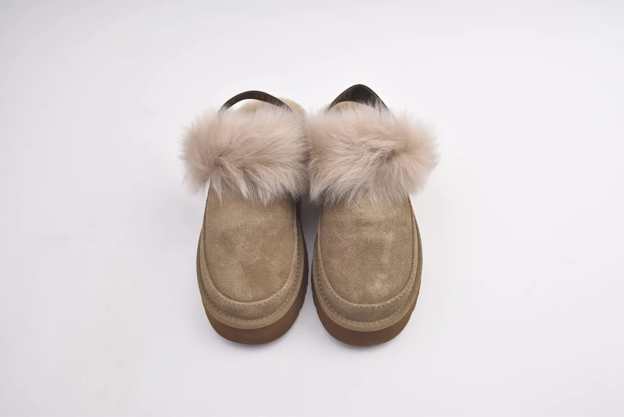 UGG Beige Brown Platform Sole Shearling-Lined Slippers