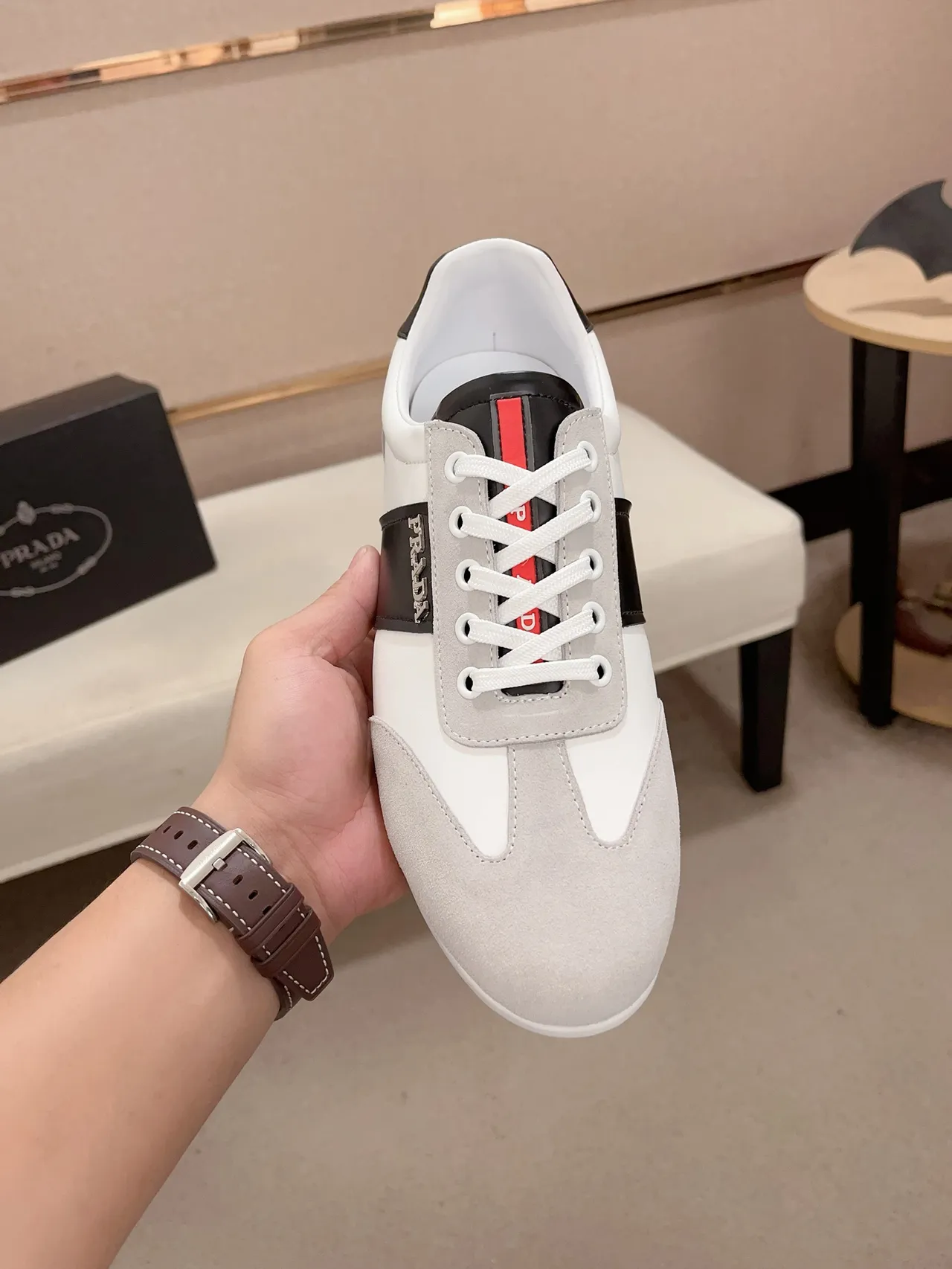 Prada Luna Rossa White Gray Low-Top Mixed-Material Sneakers