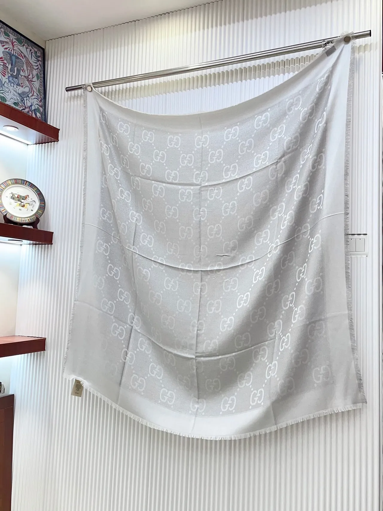 Gucci Monogram-Printed Light Gray Silk Scarf