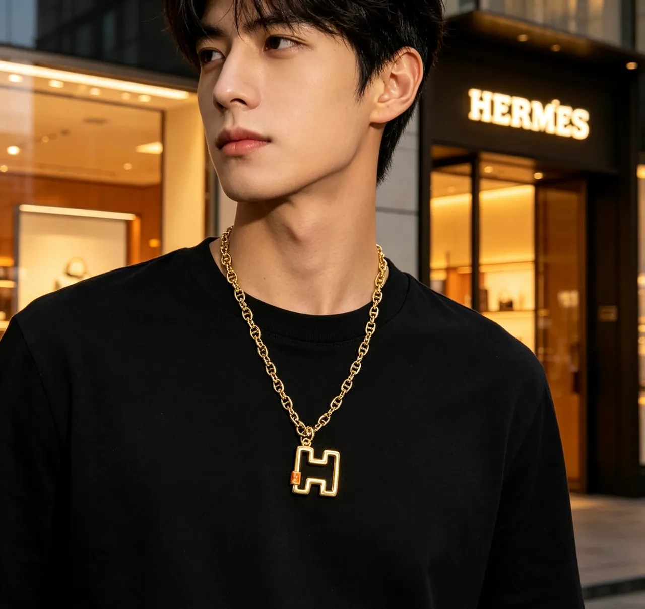 Hermès Gold Orange Link Chain Toggle Clasp Necklace