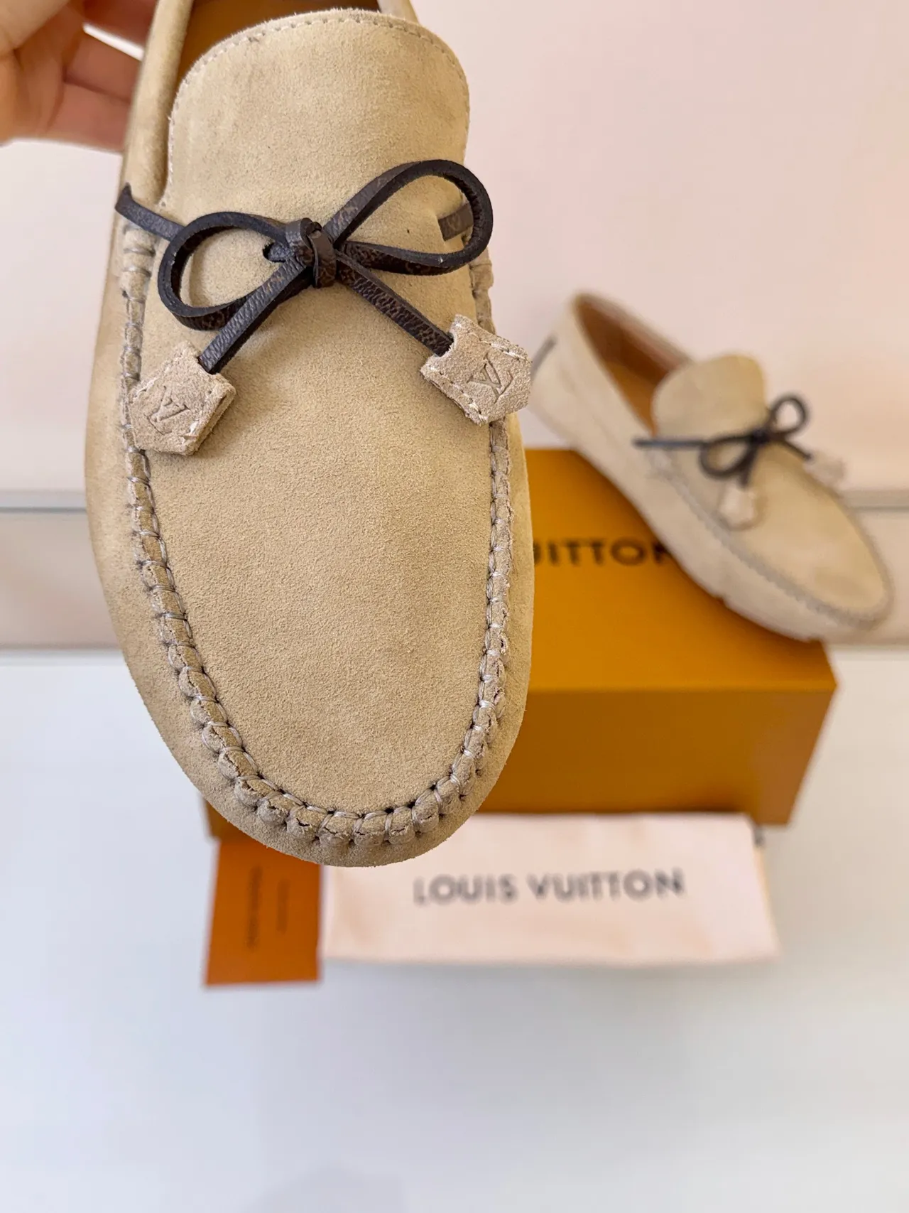 Louis Vuitton Beige Brown Suede Upper Moccasin Stitching Loafer