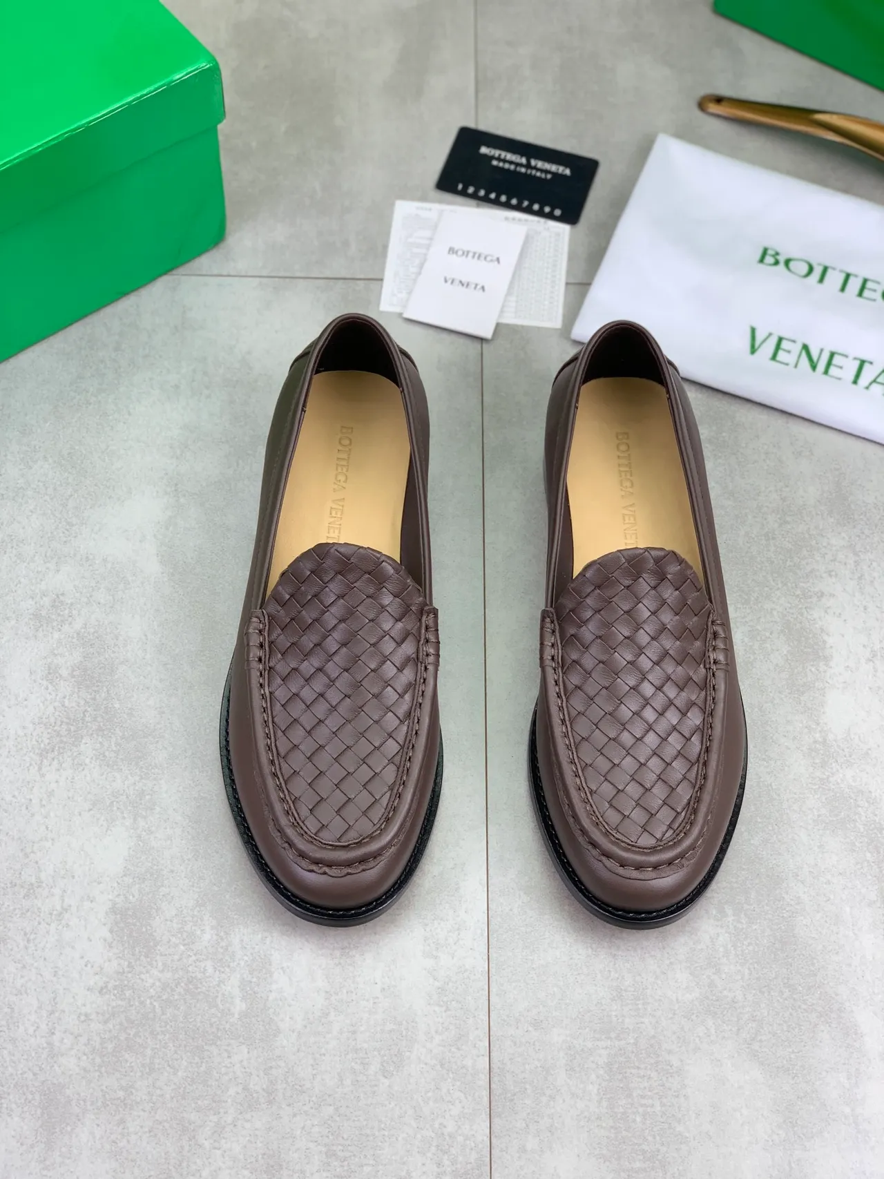 Bottega Veneta Brown Black Woven Leather Vamp Slip-On Construction Loafer