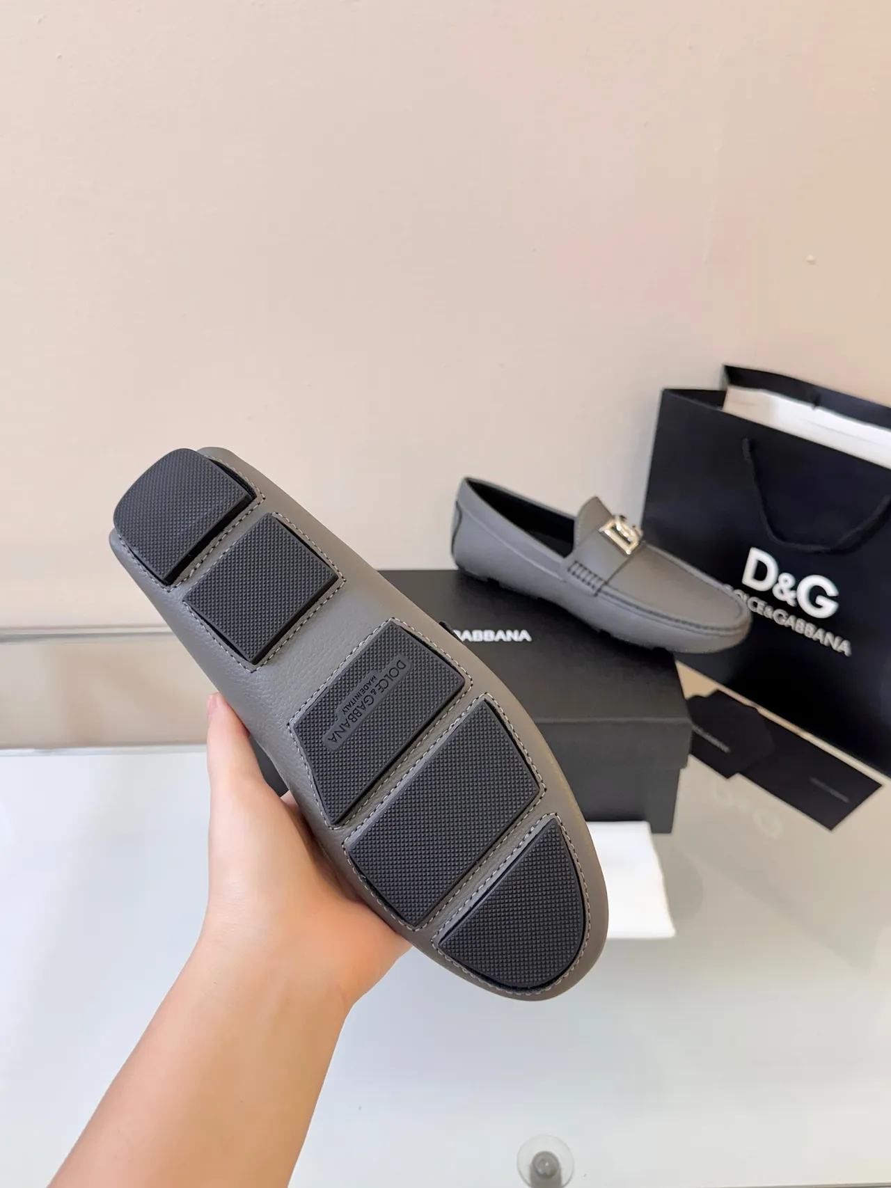 Dolce & Gabbana Portofino Gray Black Leather Moc-Toe Loafer
