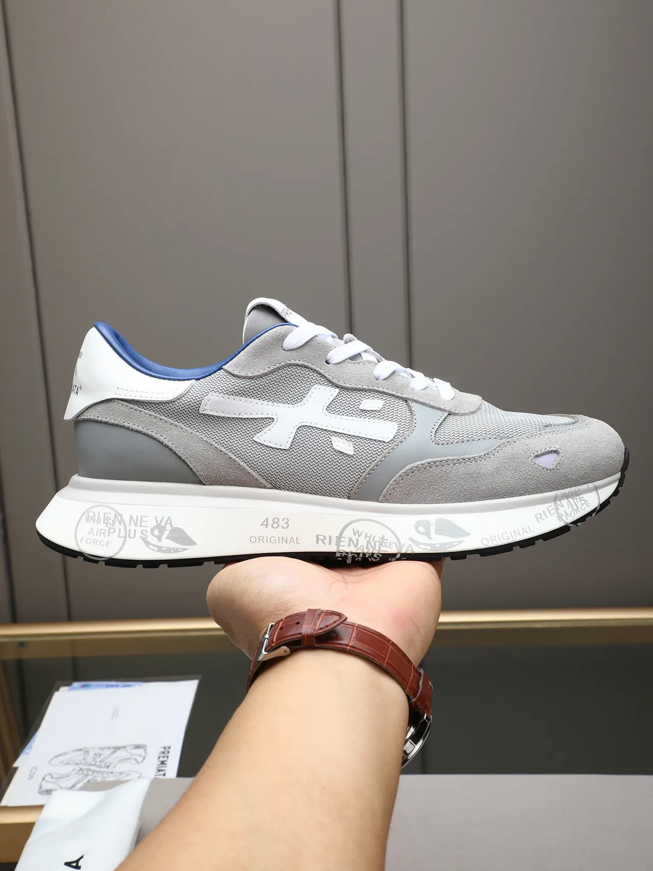 Premiata Gray Blue Mixed-Material Upper X-Logo Side Panel Sneakers
