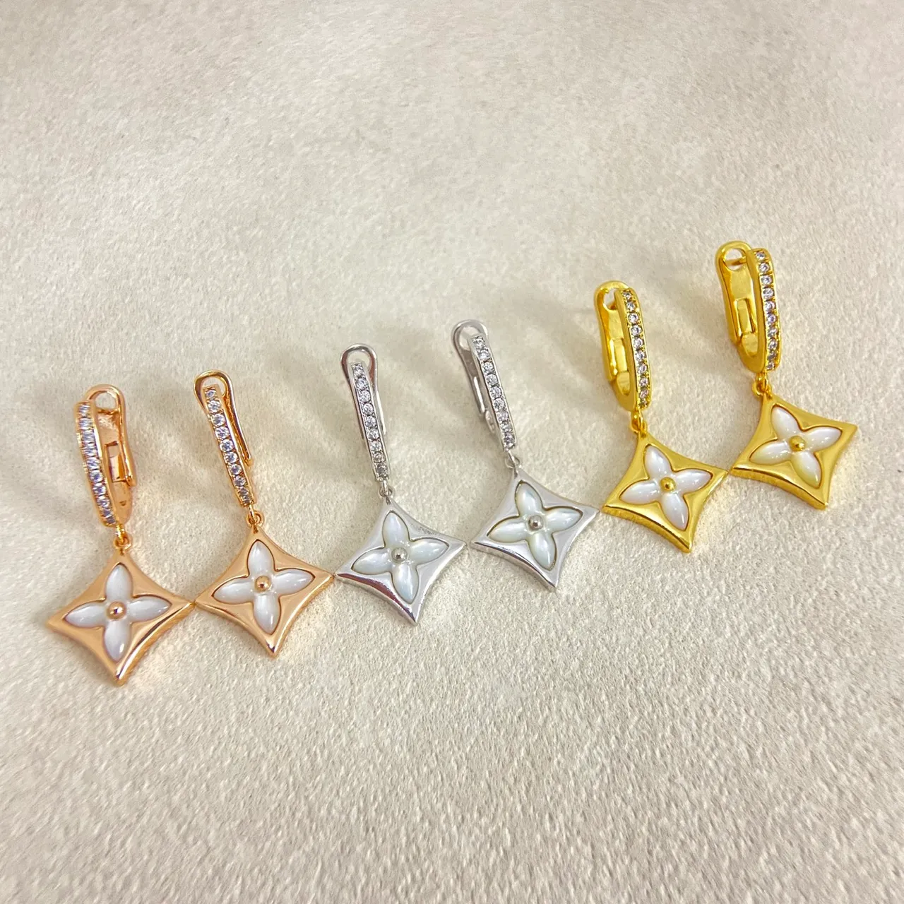 Enamel Floral Quatrefoil Clip-On Dangle Earrings