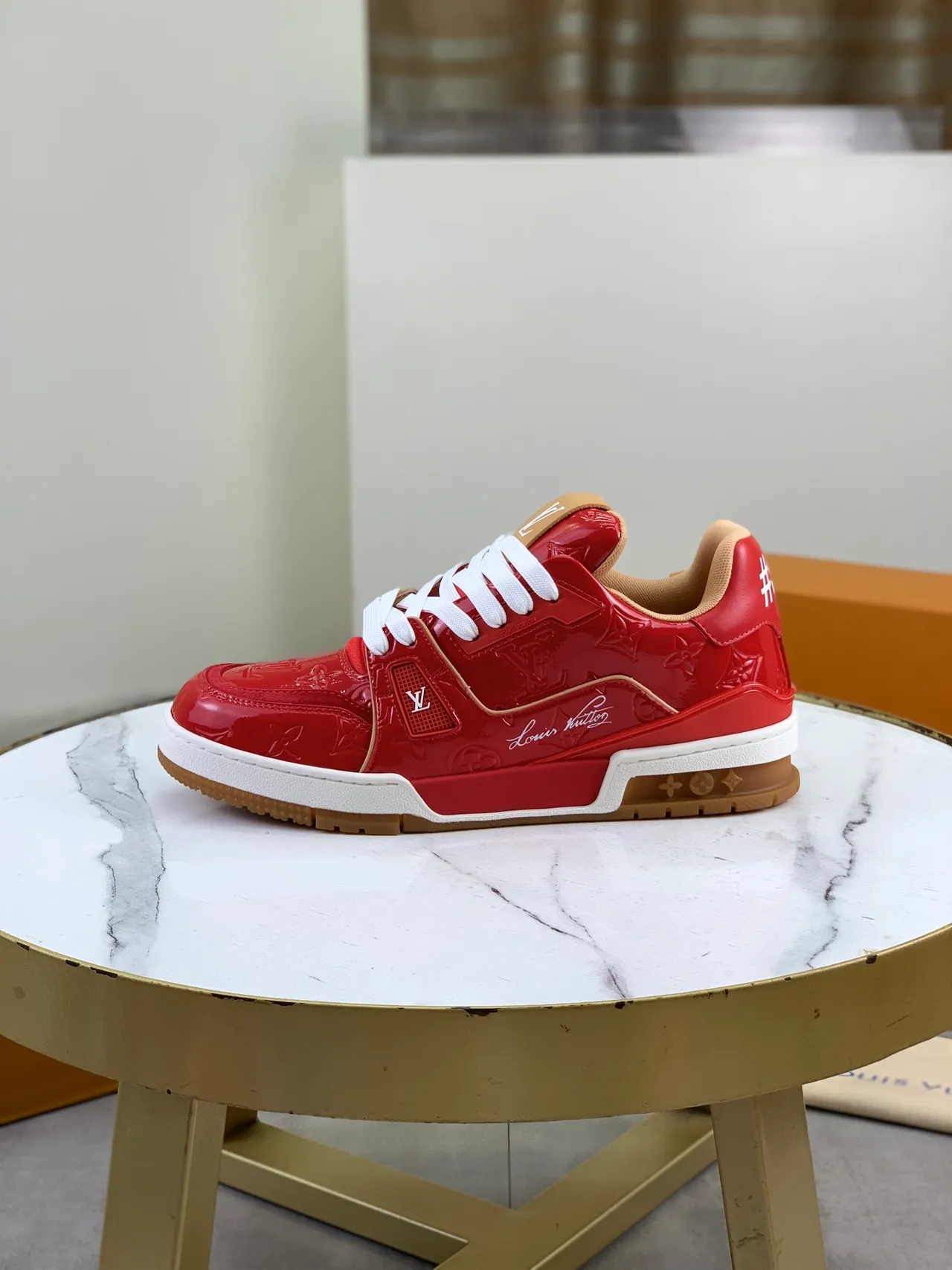 Louis Vuitton LV Trainer Red Beige Patent Leather Monogrammed Lifestyle Sneakers