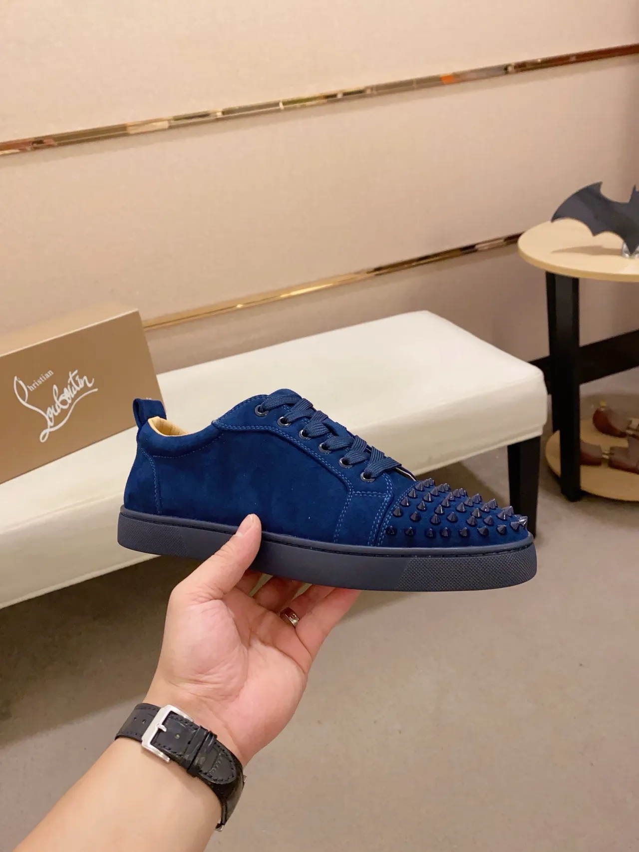Christian Louboutin Blue Navy Suede Upper Spiked Toe Cap Lifestyle Sneakers
