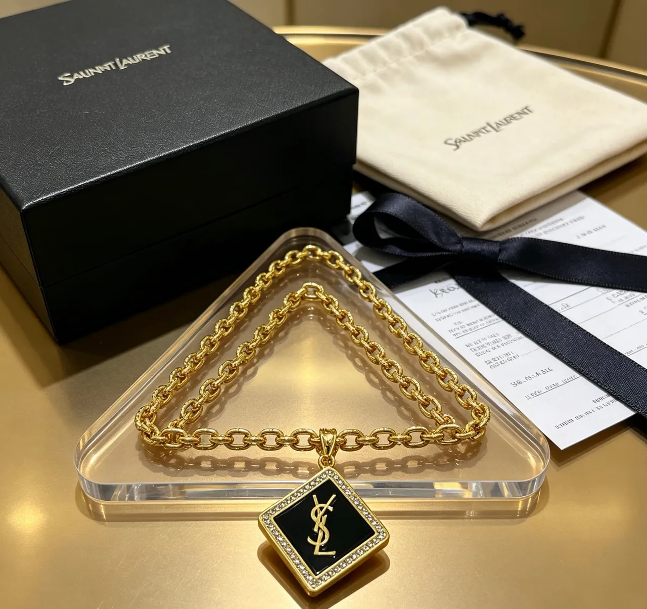 Saint Laurent Square Monogram Pendant Gold Black Curb Chain Enamel Necklace