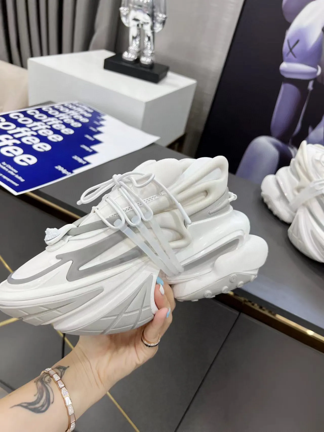 Balmain White Gray Sculpted Sole Asymmetrical Lacing Chunky Sneakers