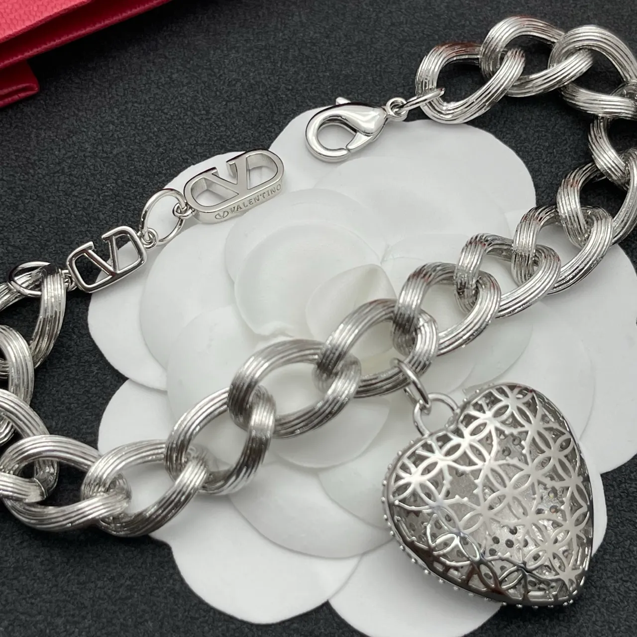 Valentino Silver White Twisted-Link Chain Pavé-Set Heart Pendant Bracelet