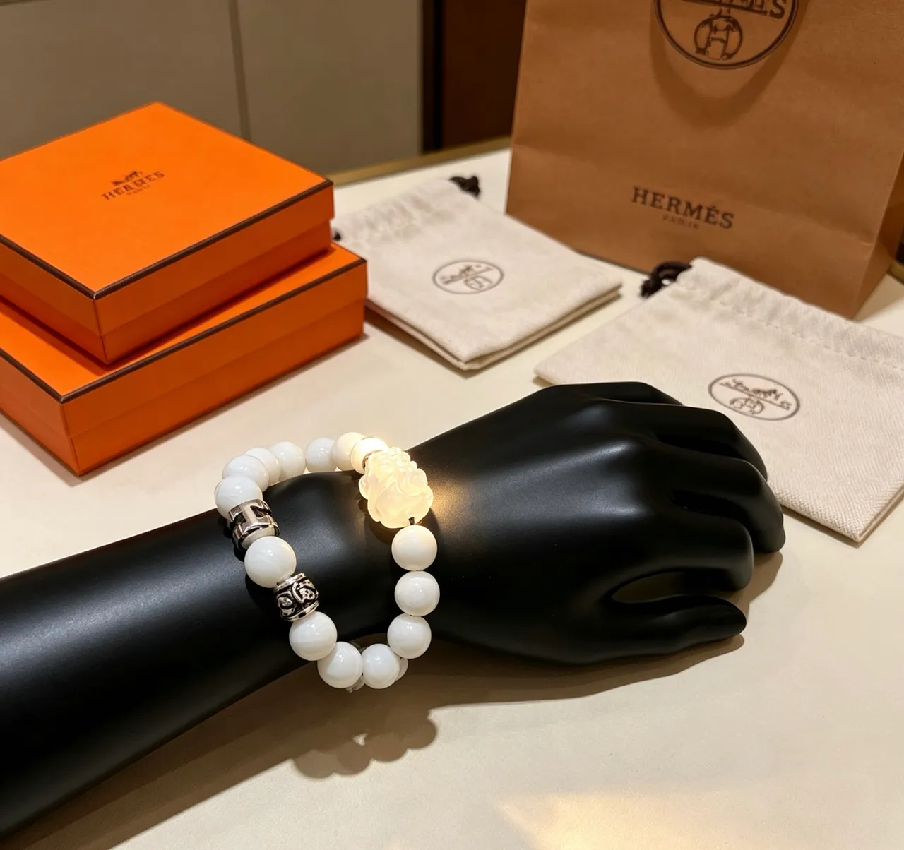 Hermès White Silver Stone Beads Metal Accents Bracelet