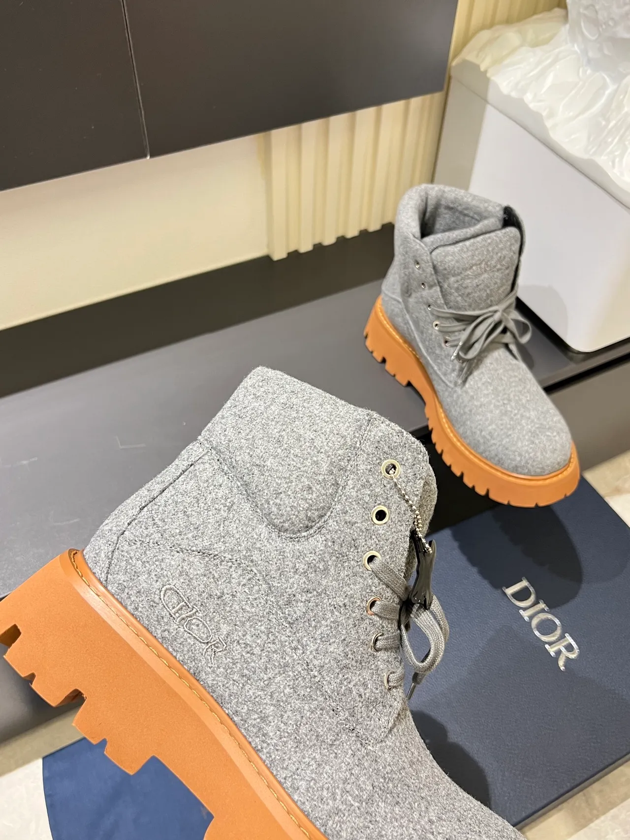 Gray Brown Felted Wool Upper Chunky Lug Sole Boots