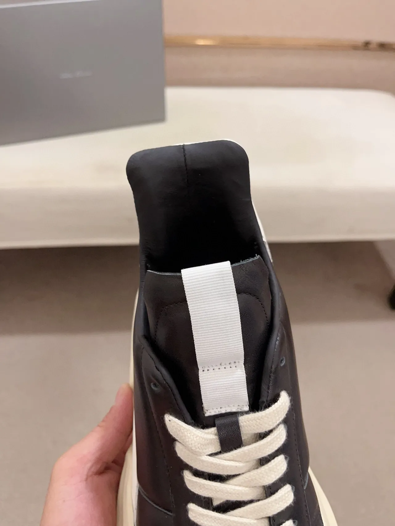 Rick Owens Black Beige Sculpted Sole Asymmetrical Heel Counter Chunky Sneakers