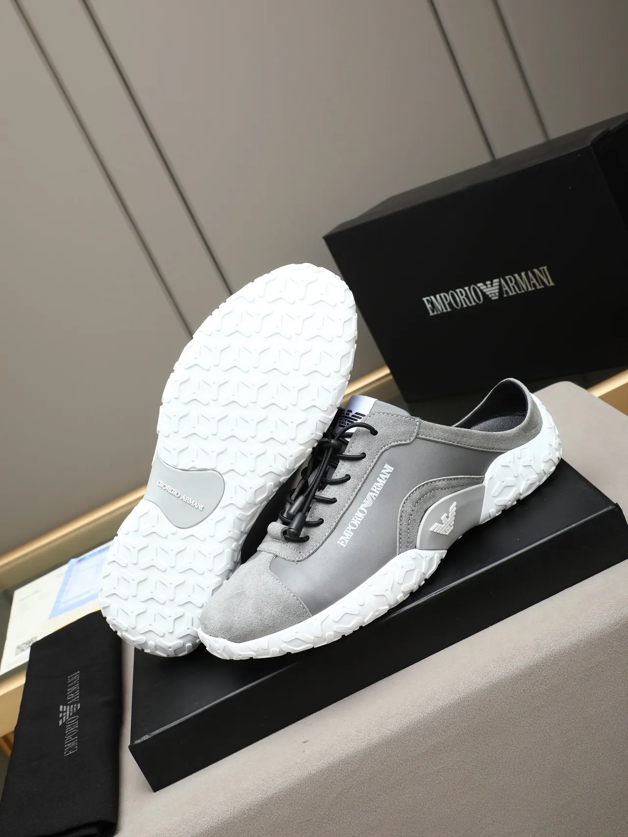 Emporio Armani Gray White Open-Heel Mule Sneaker Sculpted Geometric Sole Sneakers
