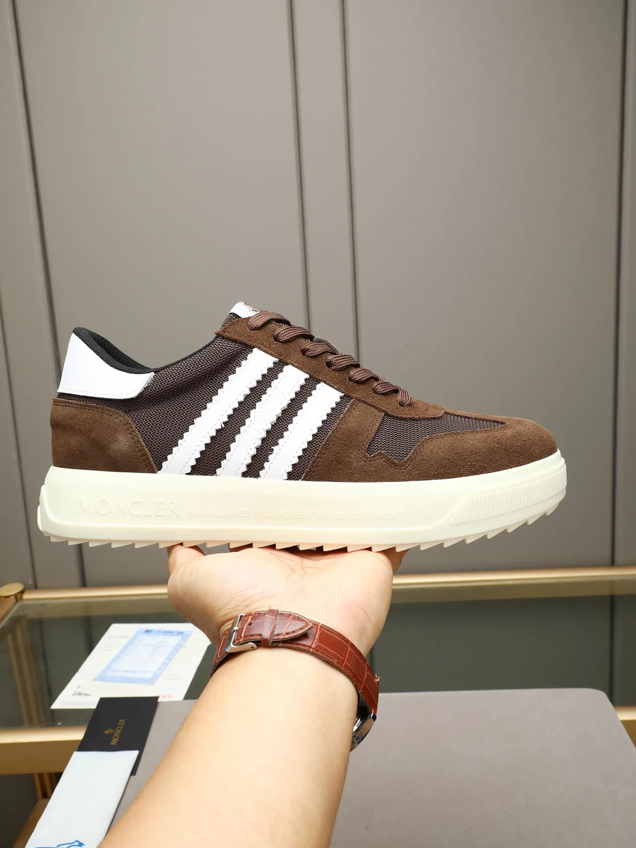 Moncler Brown and White Striped Platform Lifestyle Sneaker
