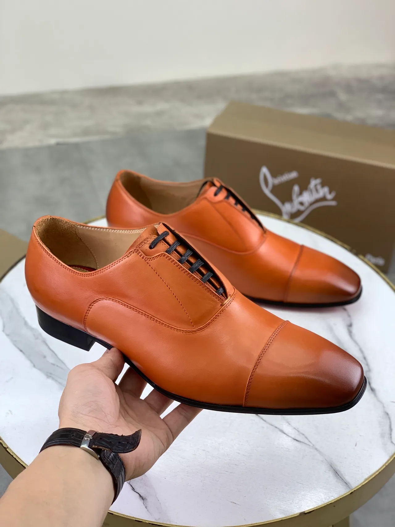 Christian Louboutin Orange Black Cap-Toe Lace-Up Oxford Shoes