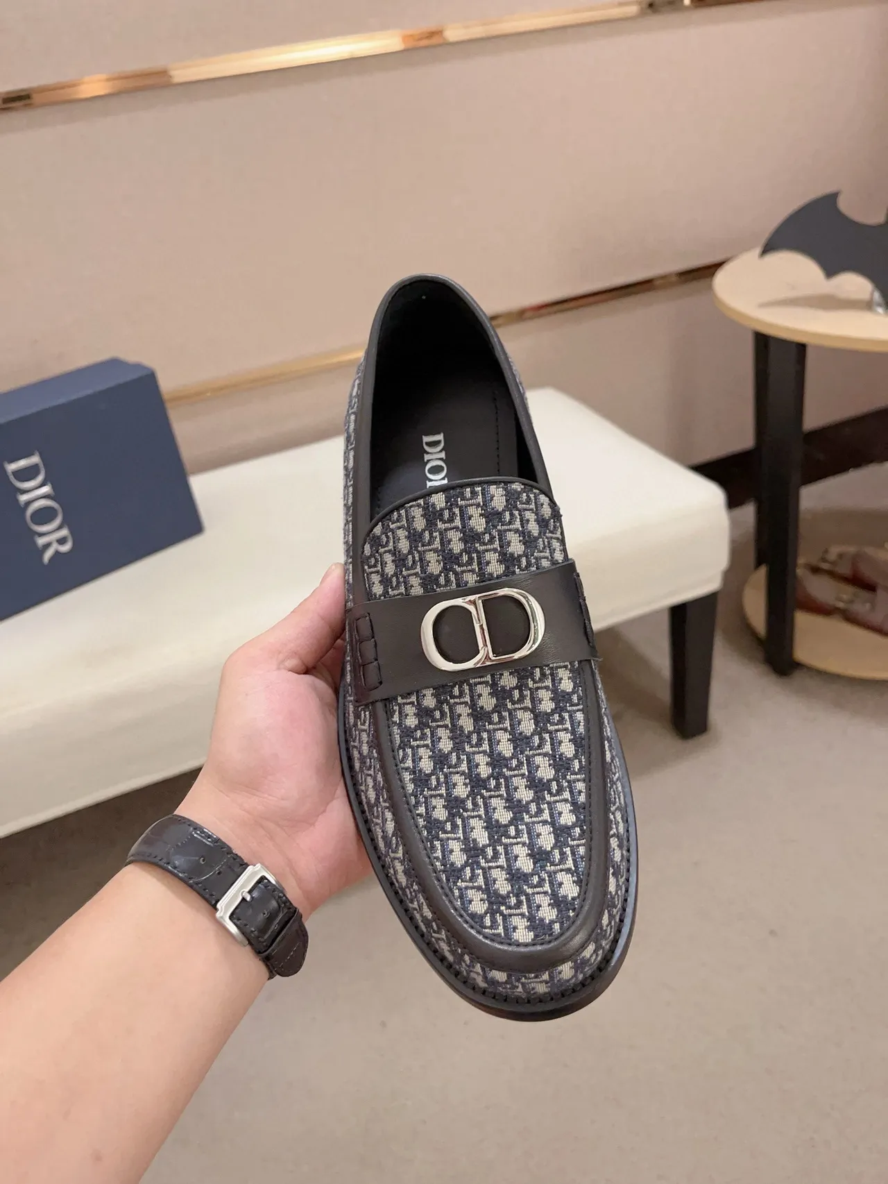 Dior Navy Black Monogrammed Canvas Metal D-Buckle Loafer