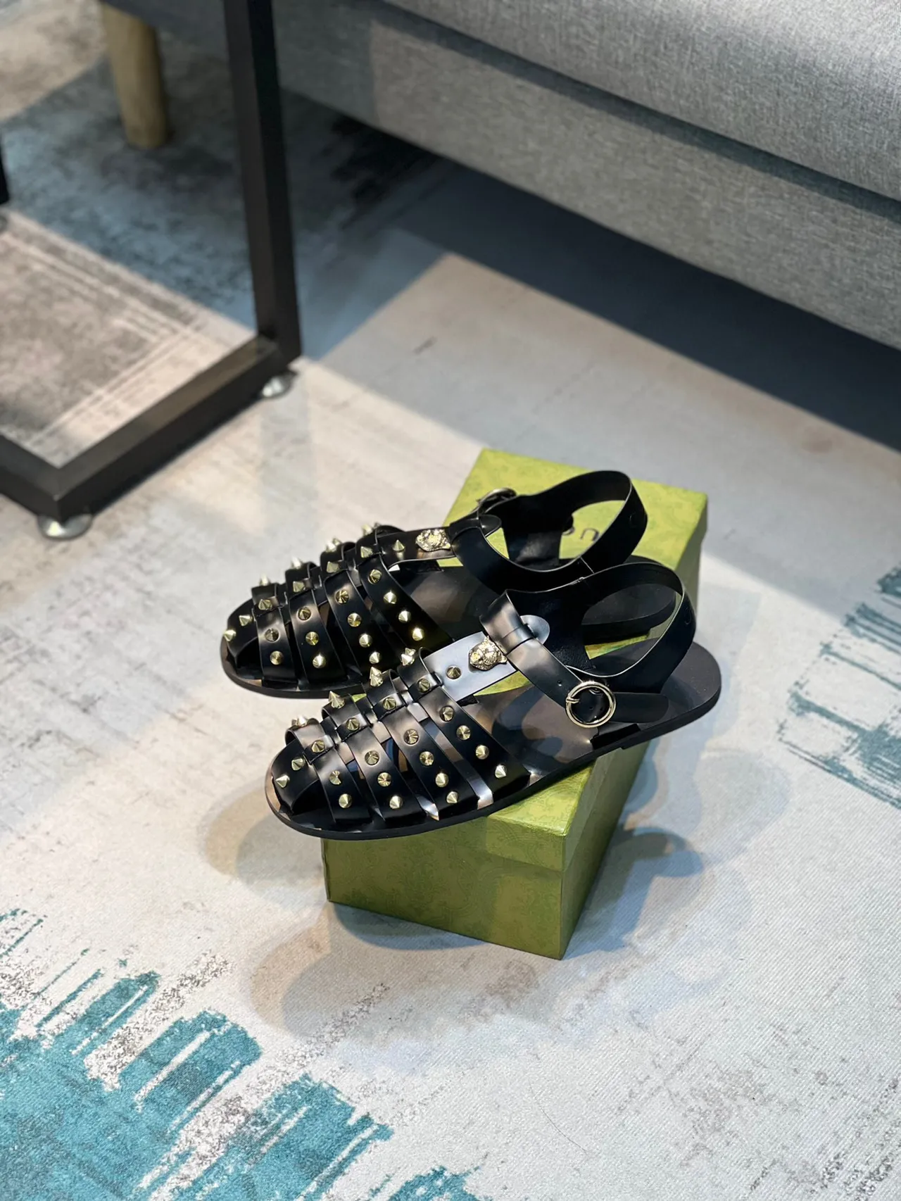 Gucci Dionysus Gladiator Black Gold Multi-Strap Studded Gladiator Sandals
