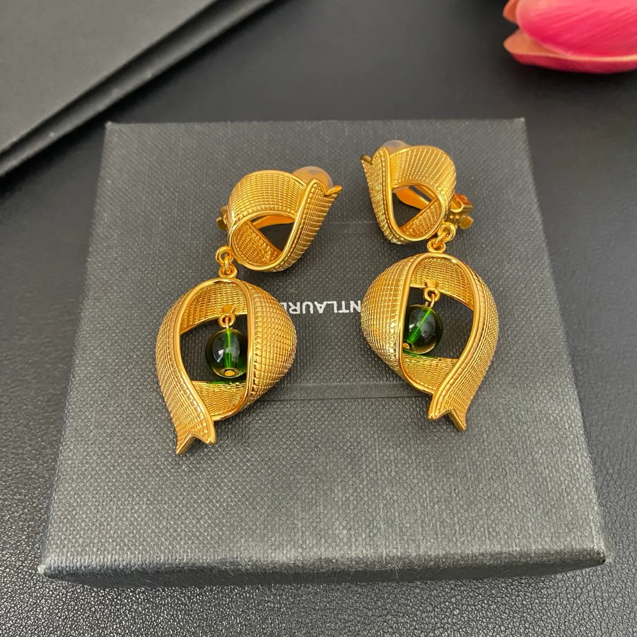 Saint Laurent Gold Green Textured Finish Asymmetrical Ribbon-Like Frame Earrings