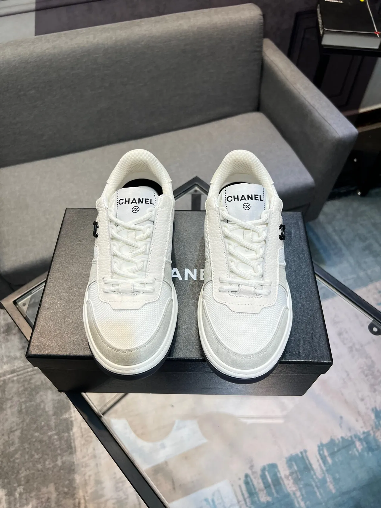Chanel White Gray Low-Top Mixed-Material Lifestyle Sneakers
