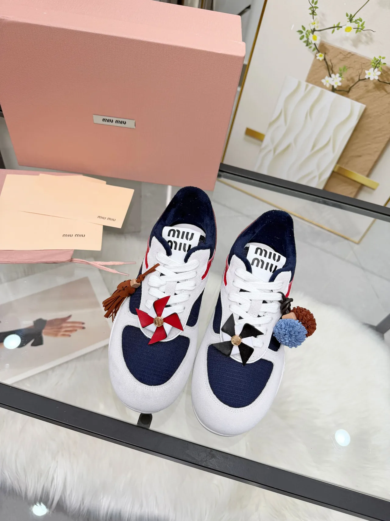 Miu Miu Lifestyle Sneaker White Navy Low-Top Suede And Mesh Upper Lifestyle Sneakers