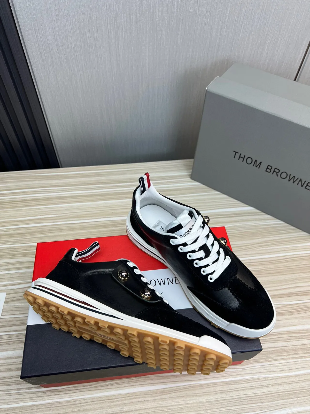 Thom Browne Button Strap Black Suede and Leather Lifestyle Sneaker