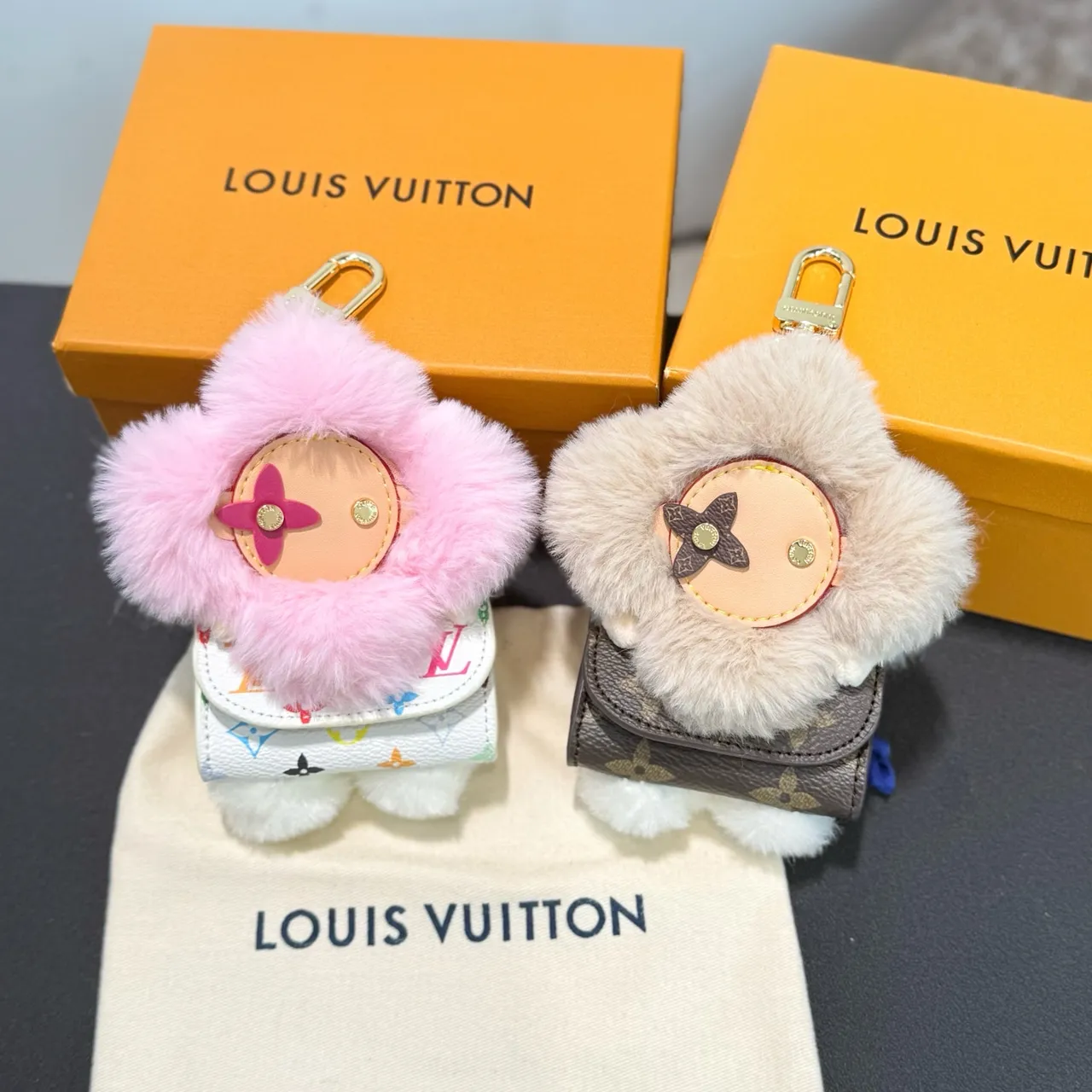 Louis Vuitton Vivienne Pink Beige Floral Plush Charm Faux Fur Trim Handbag