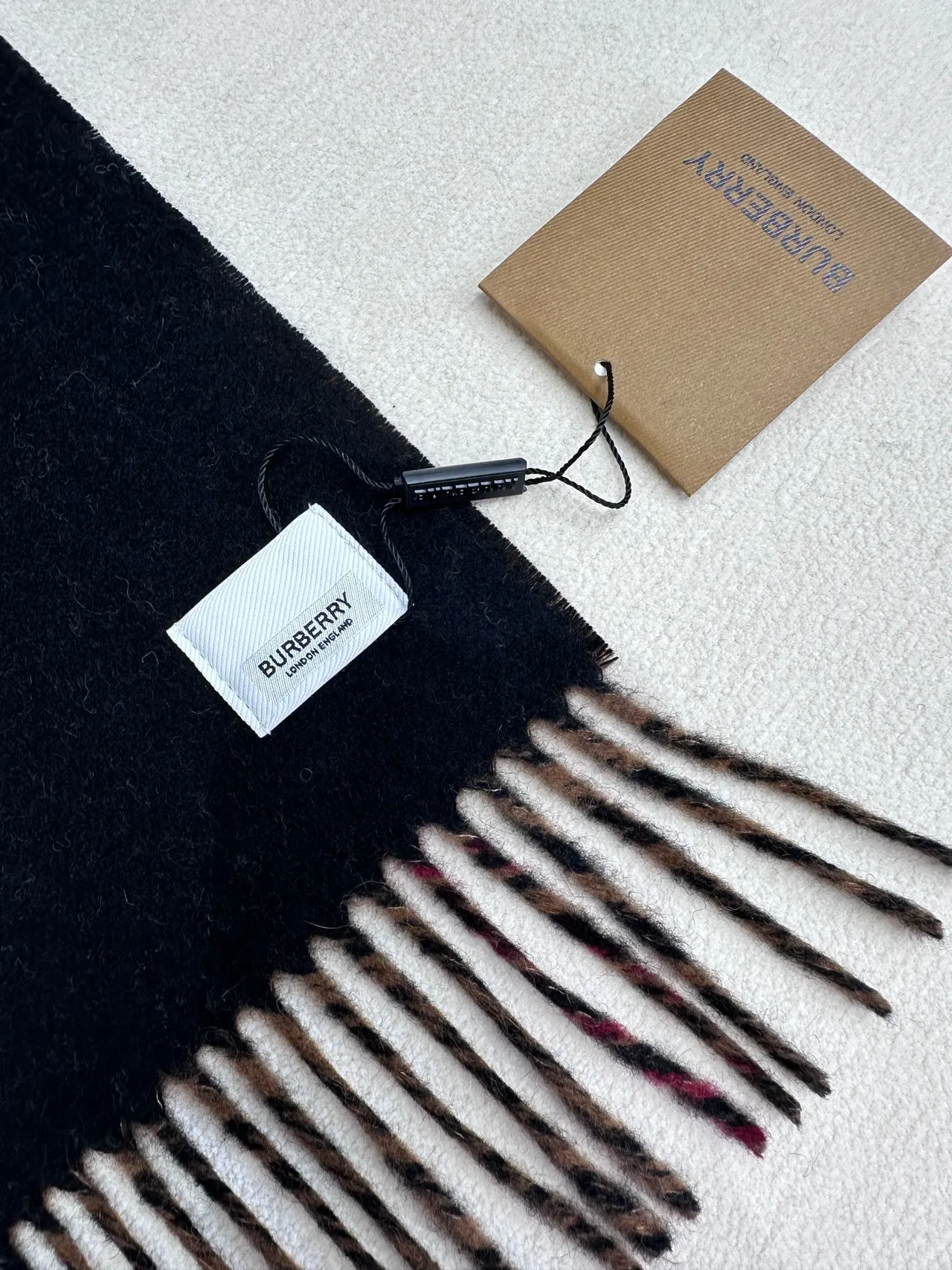 Burberry Black and Cream Fringed Cashmere Scarf